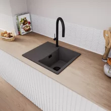 HD Onyx Antracit 58 egymedencés mosogatótálca, csepegtetőtálcával, matt antracit színben, matt fekete leeresztő szifonnal