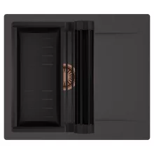 HD Onyx Antracit 58 egymedencés mosogatótálca szett, matt fekete csepegtetőráccsal és kosárral, csepegtetőtálcával, matt antracit színben, szálcsiszolt réz leeresztő szifonnal