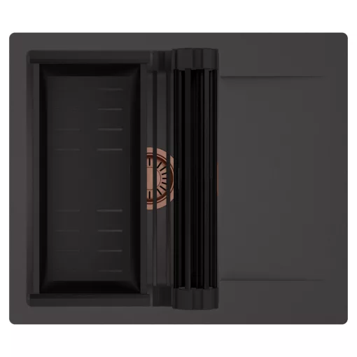 HD Onyx Antracit 58 egymedencés mosogatótálca szett, matt fekete csepegtetőráccsal és kosárral, csepegtetőtálcával, matt antracit színben, szálcsiszolt réz leeresztő szifonnal