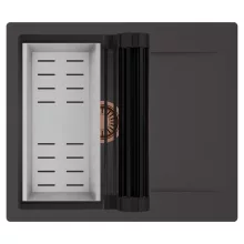 HD Onyx Antracit 58 egymedencés mosogatótálca szett, matt fekete csepegtetőráccsal és krómozott kosárral, csepegtetőtálcával, matt antracit színben, szálcsiszolt réz leeresztő szifonnal