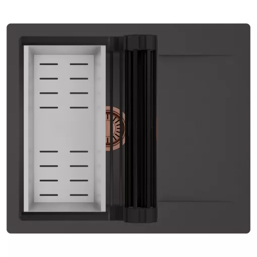 HD Onyx Antracit 58 egymedencés mosogatótálca szett, matt fekete csepegtetőráccsal és krómozott kosárral, csepegtetőtálcával, matt antracit színben, szálcsiszolt réz leeresztő szifonnal