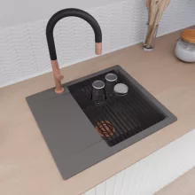 HD Onyx Antracit 58 egymedencés mosogatótálca szett, matt fekete csepegtetőráccsal és krómozott kosárral, csepegtetőtálcával, matt antracit színben, szálcsiszolt réz leeresztő szifonnal