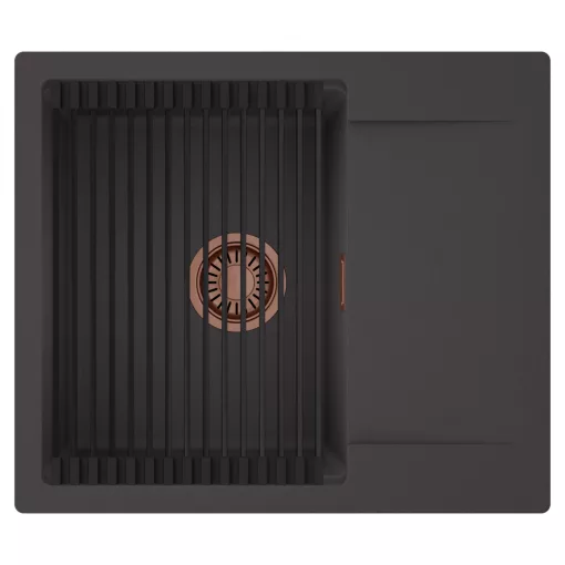 HD Onyx Antracit 58 egymedencés mosogatótálca szett, matt fekete csepegtetőráccsal, csepegtetőtálcával, matt antracit színben, szálcsiszolt réz leeresztő szifonnal