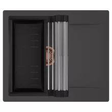 HD Onyx Antracit 58 egymedencés mosogatótálca szett, acél csepegtetőráccsal és matt fekete kosárral, csepegtetőtálcával, matt antracit színben, szálcsiszolt réz leeresztő szifonnal