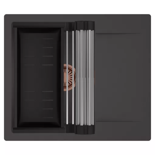 HD Onyx Antracit 58 egymedencés mosogatótálca szett, acél csepegtetőráccsal és matt fekete kosárral, csepegtetőtálcával, matt antracit színben, szálcsiszolt réz leeresztő szifonnal