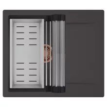 HD Onyx Antracit 58 egymedencés mosogatótálca szett, acél csepegtetőráccsal és kosárral, csepegtetőtálcával, matt antracit színben, szálcsiszolt réz leeresztő szifonnal