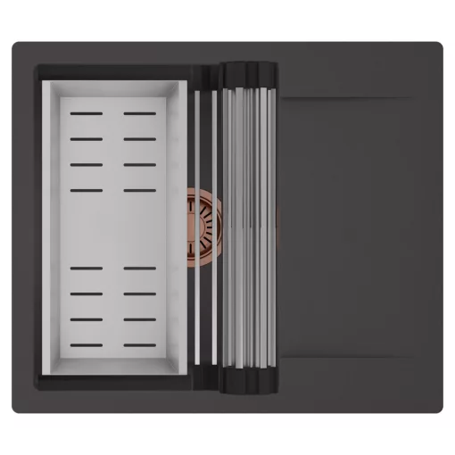 HD Onyx Antracit 58 egymedencés mosogatótálca szett, acél csepegtetőráccsal és kosárral, csepegtetőtálcával, matt antracit színben, szálcsiszolt réz leeresztő szifonnal