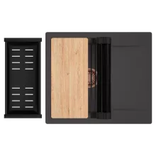 HD Onyx Antracit 58 egymedencés gránit mosogatótálca szett, csepegtetőtálcával, vágódeszkával, matt fekete csepegtetőráccsal és kosárral, matt antracit színben, szálcsiszolt réz leeresztő szifonnal