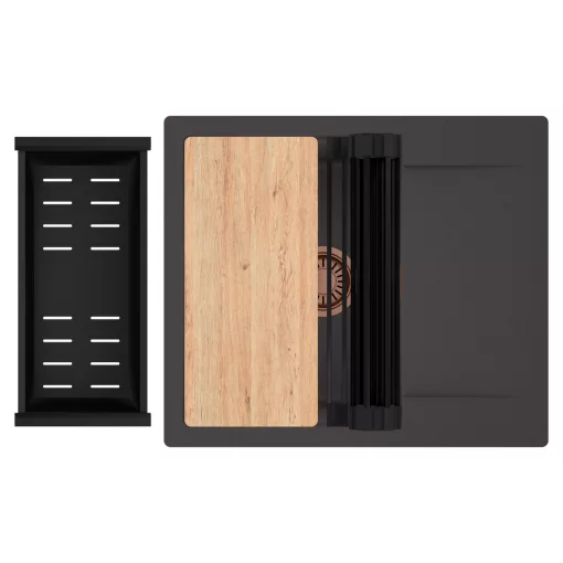 HD Onyx Antracit 58 egymedencés gránit mosogatótálca szett, csepegtetőtálcával, vágódeszkával, matt fekete csepegtetőráccsal és kosárral, matt antracit színben, szálcsiszolt réz leeresztő szifonnal