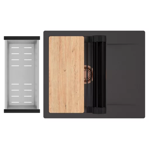 HD Onyx Antracit 58 egymedencés gránit mosogatótálca szett, csepegtetőtálcával, vágódeszkával, matt fekete csepegtetőráccsal és krómozott kosárral, matt antracit színben, szálcsiszolt réz leeresztő szifonnal