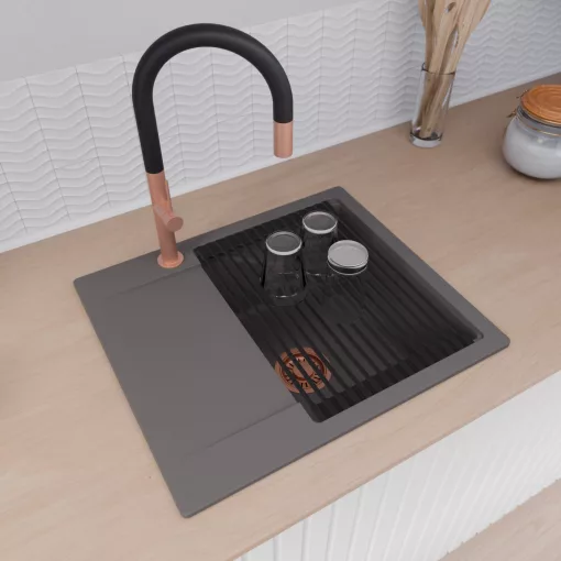 HD Onyx Antracit 58 egymedencés gránit mosogatótálca szett, csepegtetőtálcával, vágódeszkával, matt fekete csepegtetőráccsal és krómozott kosárral, matt antracit színben, szálcsiszolt réz leeresztő szifonnal