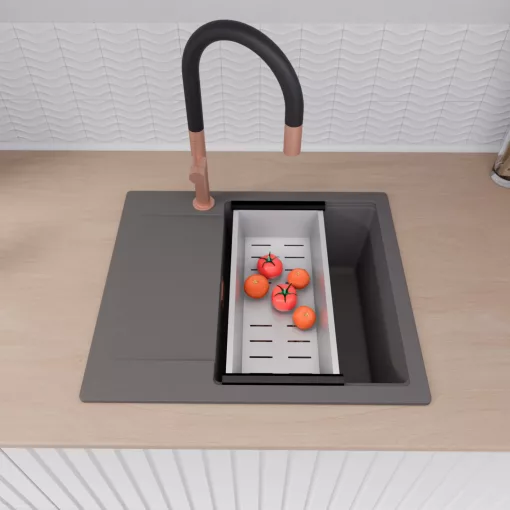 HD Onyx Antracit 58 egymedencés gránit mosogatótálca szett, csepegtetőtálcával, vágódeszkával, matt fekete csepegtetőráccsal és krómozott kosárral, matt antracit színben, szálcsiszolt réz leeresztő szifonnal