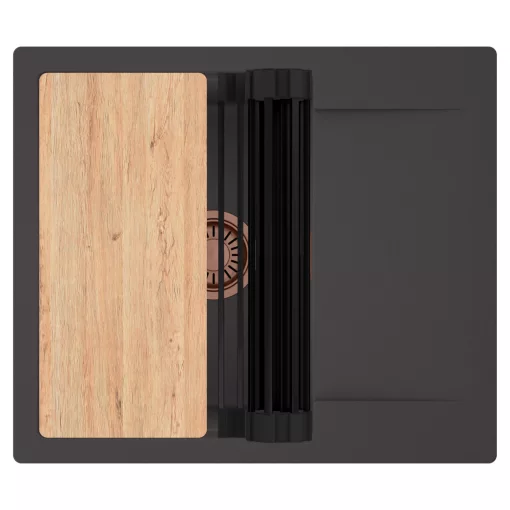 HD Onyx Antracit 58 egymedencés gránit mosogatótálca szett, csepegtetőtálcával, vágódeszkával, matt fekete csepegtetőráccsal, matt antracit színben, szálcsiszolt réz leeresztő szifonnal