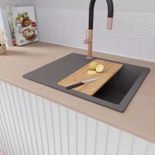 HD Onyx Antracit 58 egymedencés gránit mosogatótálca szett, csepegtetőtálcával, vágódeszkával, matt fekete csepegtetőráccsal, matt antracit színben, szálcsiszolt réz leeresztő szifonnal