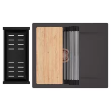 HD Onyx Antracit 58 egymedencés gránit mosogatótálca szett, csepegtetőtálcával, vágódeszkával, acél csepegtetőráccsal és matt fekete kosárral, matt antracit színben, szálcsiszolt réz leeresztő szifonnal