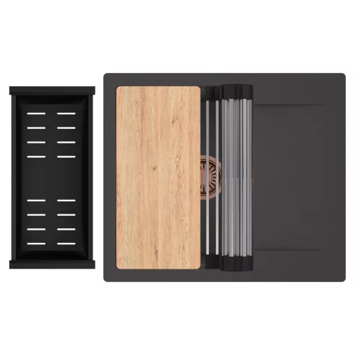 HD Onyx Antracit 58 egymedencés gránit mosogatótálca szett, csepegtetőtálcával, vágódeszkával, acél csepegtetőráccsal és matt fekete kosárral, matt antracit színben, szálcsiszolt réz leeresztő szifonnal