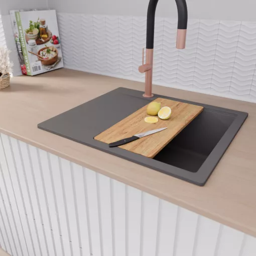 HD Onyx Antracit 58 egymedencés gránit mosogatótálca szett, csepegtetőtálcával, vágódeszkával, acél csepegtetőráccsal és matt fekete kosárral, matt antracit színben, szálcsiszolt réz leeresztő szifonnal