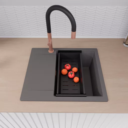 HD Onyx Antracit 58 egymedencés gránit mosogatótálca szett, csepegtetőtálcával, vágódeszkával, acél csepegtetőráccsal és matt fekete kosárral, matt antracit színben, szálcsiszolt réz leeresztő szifonnal