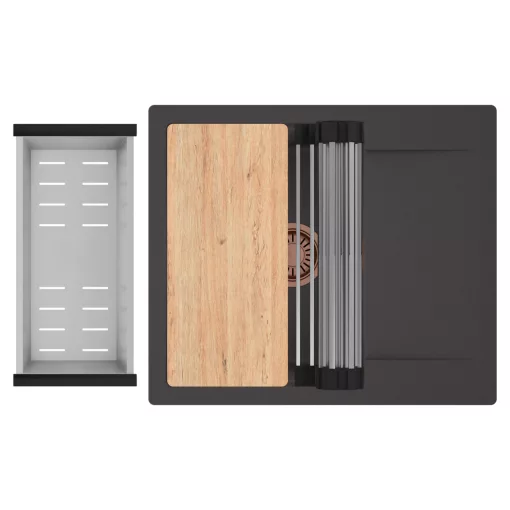 HD Onyx Antracit 58 egymedencés gránit mosogatótálca szett, csepegtetőtálcával, vágódeszkával, acél csepegtetőráccsal és kosárral, matt antracit színben, szálcsiszolt réz leeresztő szifonnal