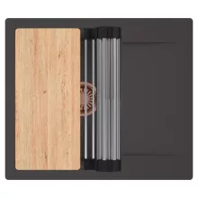 HD Onyx Antracit 58 egymedencés gránit mosogatótálca szett, csepegtetőtálcával, vágódeszkával, acél csepegtetőráccsal, matt antracit színben, szálcsiszolt réz leeresztő szifonnal