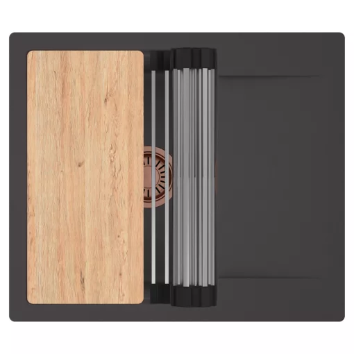 HD Onyx Antracit 58 egymedencés gránit mosogatótálca szett, csepegtetőtálcával, vágódeszkával, acél csepegtetőráccsal, matt antracit színben, szálcsiszolt réz leeresztő szifonnal