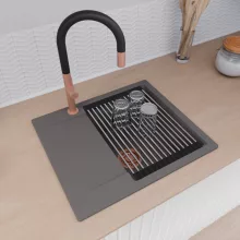 HD Onyx Antracit 58 egymedencés gránit mosogatótálca szett, csepegtetőtálcával, vágódeszkával, acél csepegtetőráccsal, matt antracit színben, szálcsiszolt réz leeresztő szifonnal