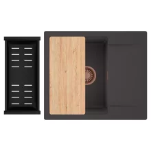 HD Onyx Antracit 58 egymedencés gránit mosogatótálca szett, csepegtetőtálcával, vágódeszkával, matt fekete csepegtetőkosárral, matt antracit színben, szálcsiszolt réz leeresztő szifonnal