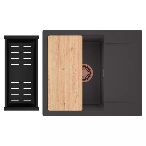HD Onyx Antracit 58 egymedencés gránit mosogatótálca szett, csepegtetőtálcával, vágódeszkával, matt fekete csepegtetőkosárral, matt antracit színben, szálcsiszolt réz leeresztő szifonnal