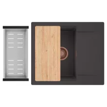 HD Onyx Antracit 58 egymedencés gránit mosogatótálca szett, csepegtetőtálcával, vágódeszkával, acél csepegtetőkosárral, matt antracit színben, szálcsiszolt réz leeresztő szifonnal