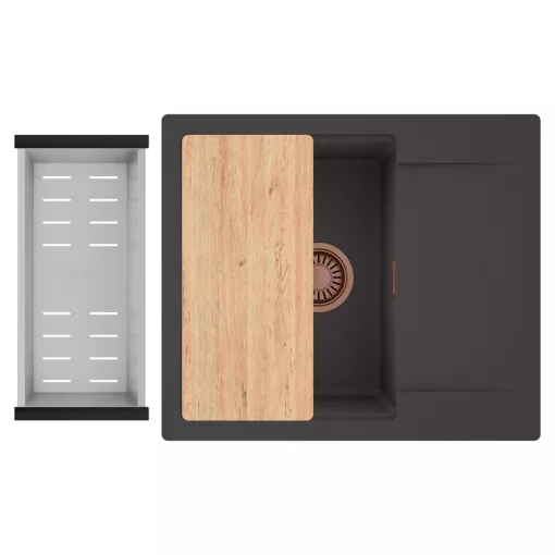HD Onyx Antracit 58 egymedencés gránit mosogatótálca szett, csepegtetőtálcával, vágódeszkával, acél csepegtetőkosárral, matt antracit színben, szálcsiszolt réz leeresztő szifonnal