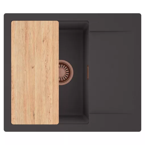 HD Onyx Antracit 58 egymedencés gránit mosogatótálca, vágódeszkával, matt antracit színben, szálcsiszolt réz leeresztő szifonnal