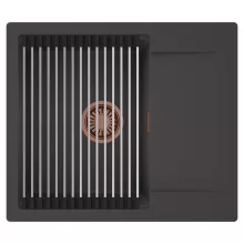 HD Onyx Antracit 58 egymedencés mosogatótálca szett, acél csepegtetőráccsal, csepegtetőtálcával, matt antracit színben, szálcsiszolt réz leeresztő szifonnal