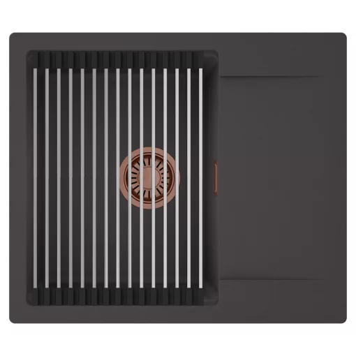 HD Onyx Antracit 58 egymedencés mosogatótálca szett, acél csepegtetőráccsal, csepegtetőtálcával, matt antracit színben, szálcsiszolt réz leeresztő szifonnal