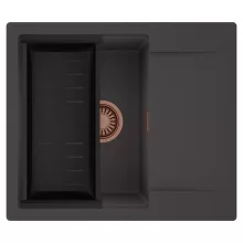 HD Onyx Antracit 58 egymedencés mosogatótálca szett, matt fekete csepegtetőkosárral, csepegtetőtálcával, matt antracit színben, szálcsiszolt réz leeresztő szifonnal