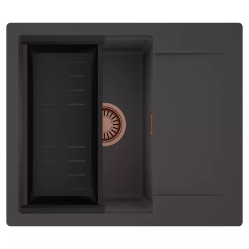HD Onyx Antracit 58 egymedencés mosogatótálca szett, matt fekete csepegtetőkosárral, csepegtetőtálcával, matt antracit színben, szálcsiszolt réz leeresztő szifonnal