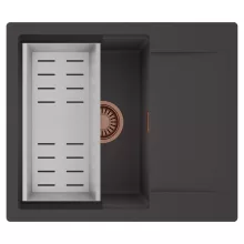 HD Onyx Antracit 58 egymedencés mosogatótálca szett, acél csepegtetőkosárral, csepegtetőtálcával, matt antracit színben, szálcsiszolt réz leeresztő szifonnal