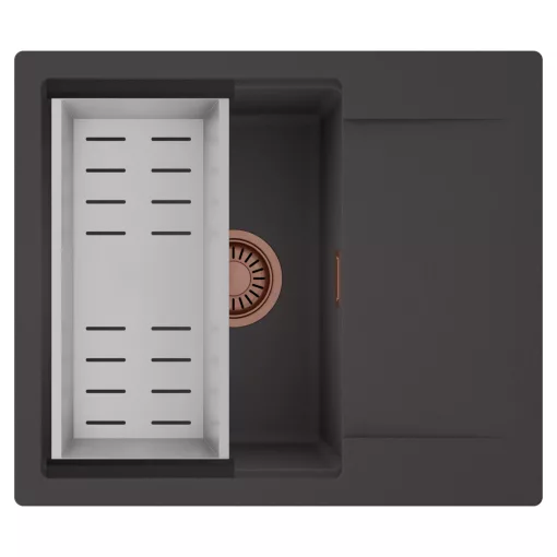HD Onyx Antracit 58 egymedencés mosogatótálca szett, acél csepegtetőkosárral, csepegtetőtálcával, matt antracit színben, szálcsiszolt réz leeresztő szifonnal