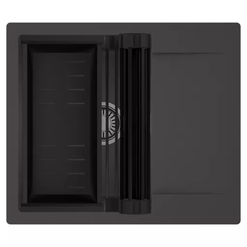 HD Onyx Antracit 58 egymedencés mosogatótálca szett, matt fekete csepegtetőráccsal és kosárral, csepegtetőtálcával, matt antracit színben