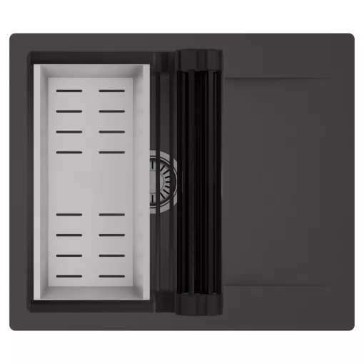 HD Onyx Antracit 58 egymedencés mosogatótálca szett, matt fekete csepegtetőráccsal és krómozott kosárral, csepegtetőtálcával, matt antracit színben