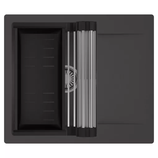 HD Onyx Antracit 58 egymedencés mosogatótálca szett, acél csepegtetőráccsal és matt fekete kosárral, csepegtetőtálcával, matt antracit színben