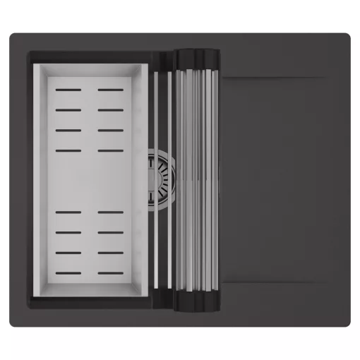 HD Onyx Antracit 58 egymedencés mosogatótálca szett, acél csepegtetőráccsal és kosárral, csepegtetőtálcával, matt antracit színben