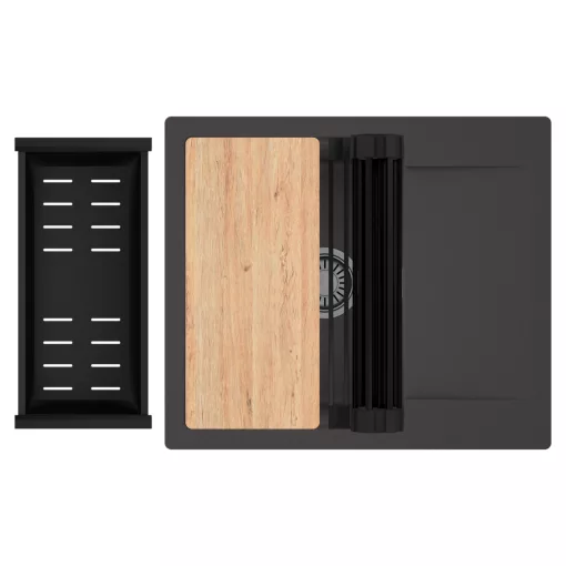 HD Onyx Antracit 58 egymedencés gránit mosogatótálca szett, csepegtetőtálcával, vágódeszkával, matt fekete csepegtetőráccsal és kosárral, matt antracit színben