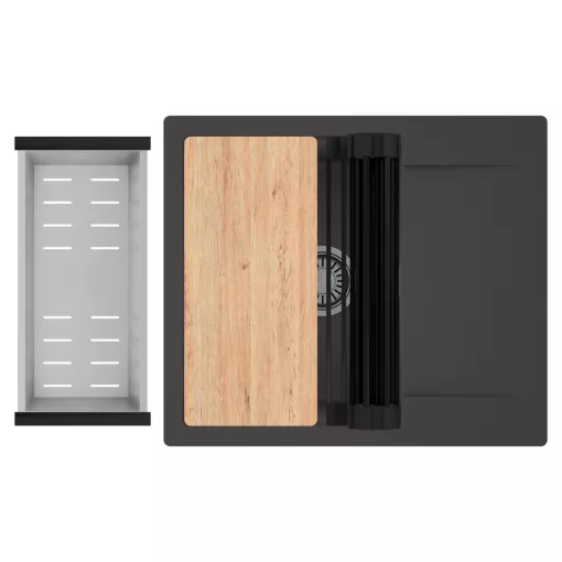 HD Onyx Antracit 58 egymedencés gránit mosogatótálca szett, csepegtetőtálcával, vágódeszkával, matt fekete csepegtetőráccsal és krómozott kosárral, matt antracit színben