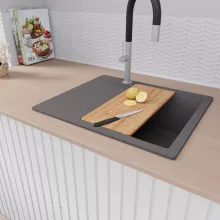 HD Onyx Antracit 58 egymedencés gránit mosogatótálca szett, csepegtetőtálcával, vágódeszkával, matt fekete csepegtetőráccsal és krómozott kosárral, matt antracit színben