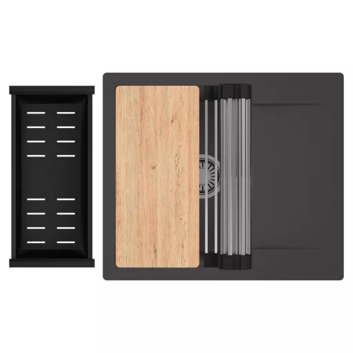 HD Onyx Antracit 58 egymedencés gránit mosogatótálca szett, csepegtetőtálcával, vágódeszkával, acél csepegtetőráccsal és matt fekete kosárral, matt antracit színben