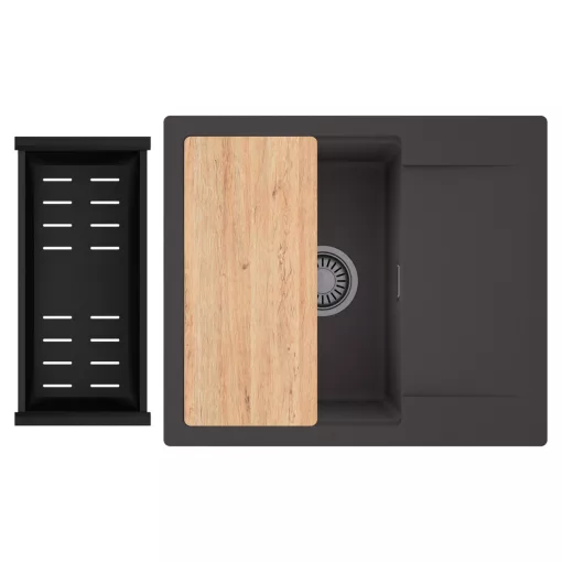 HD Onyx Antracit 58 egymedencés gránit mosogatótálca szett, csepegtetőtálcával, vágódeszkával, matt fekete csepegtetőkosárral, matt antracit színben