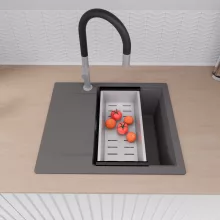 HD Onyx Antracit 58 egymedencés gránit mosogatótálca szett, csepegtetőtálcával, vágódeszkával, acél csepegtetőkosárral, matt antracit színben