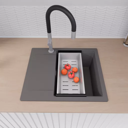 HD Onyx Antracit 58 egymedencés gránit mosogatótálca szett, csepegtetőtálcával, vágódeszkával, acél csepegtetőkosárral, matt antracit színben