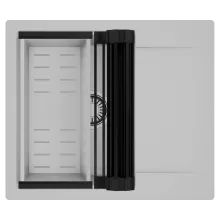 HD Onyx Grey 58 egymedencés mosogatótálca szett, matt fekete csepegtetőráccsal és krómozott kosárral, csepegtetőtálcával, alpesi szürke színben, szálcsiszolt króm leeresztő szifonnal