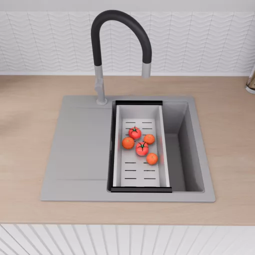 HD Onyx Grey 58 egymedencés mosogatótálca szett, matt fekete csepegtetőráccsal és krómozott kosárral, csepegtetőtálcával, alpesi szürke színben, szálcsiszolt króm leeresztő szifonnal